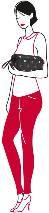 Illustratie van een vrouw met rode broek die een zwarte toilettas met stippen vasthoudt.