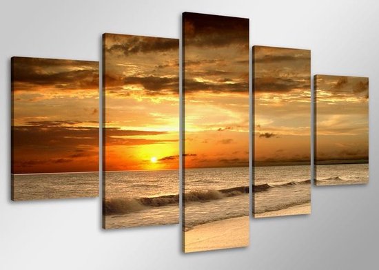 Schilderij - Zonsondergang boven zee, 100x50 cm. 5 luik, wanddecoratie