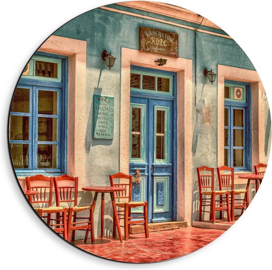 Dibond Wandcirkel - Blauw Café in Dorpsstraatje - 40x40cm Foto op Aluminium Wandcirkel (met ophangsysteem)