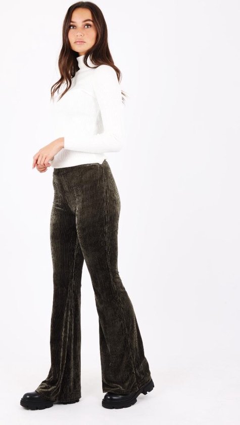 Ribbed Velvet Flared Pants Kaki - L | bol.com