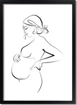 Poster Zwangere vrouw zwart wit - minimalisme A2 + fotolijst zwart (42x59,4cm) - DesignClaud