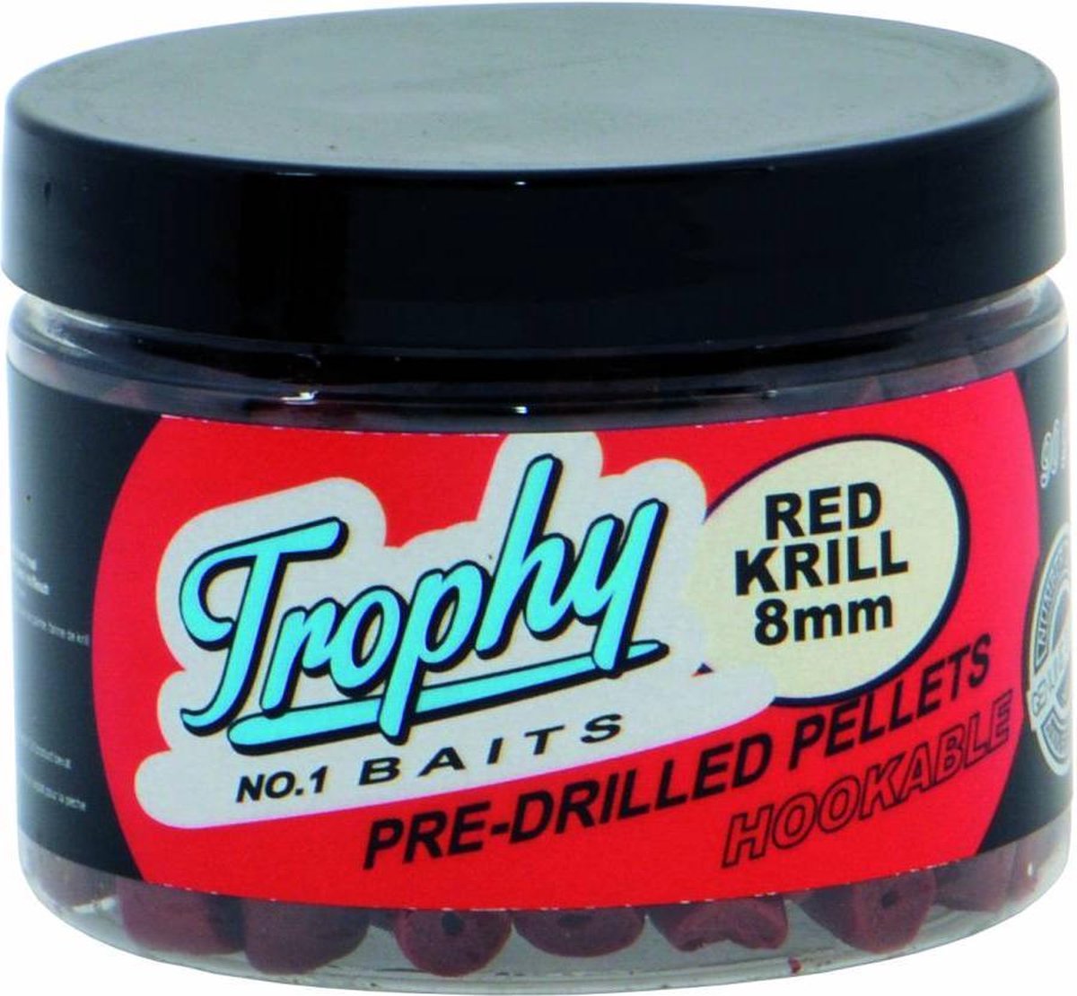 Trophy Baits Pre-Drilled Red Krill Pellets – voorgeboorde pellets met krachtige krillgeur voor karper en meerval 14MM 90GR