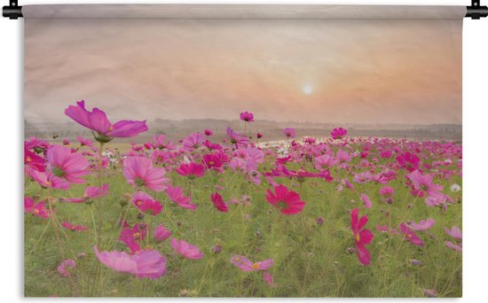 Wandkleed Bloemenweide - Bloemenweide met roze cosmos bij zonsondergang Wandkleed katoen 120x80 cm - Wandtapijt met foto