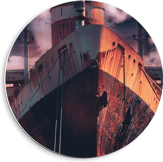 Foto: Forex wandcirkel oud verroest schip met oranjekleurige lucht 40x40cm foto op wandcirkel met ophangsysteem 