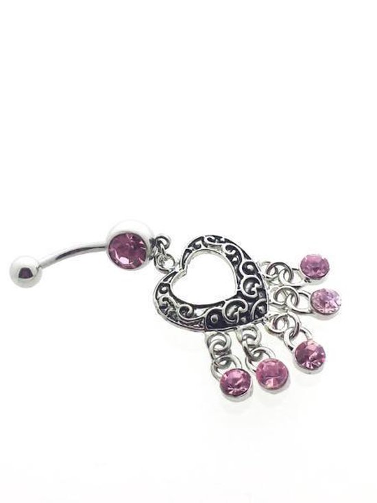 Titanium plated zwarte navelpiercing met twee roze diamantjes - 10 mm Titanium plated zwarte navelpiercing met twee roze diamantjes - 10 mm