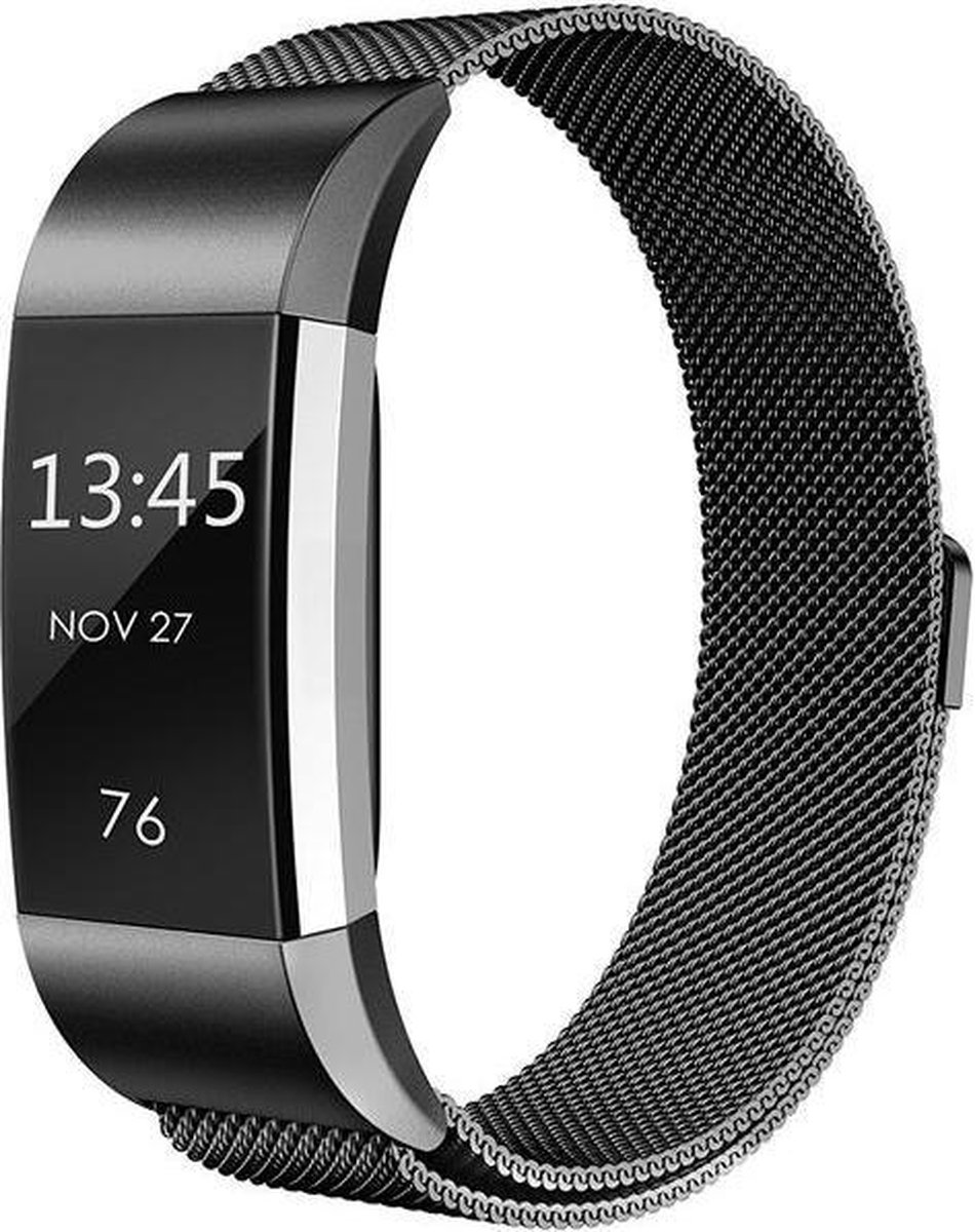 Milanees Horloge Band Geschikt voor Fitbit Charge 2 - Milanese Metalen Watchband - Armband RVS - Zwart / Black - Maat Small