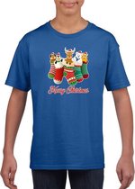 Kerst t-shirt / shirt kids - Merry Christmas dieren kerstsokken blauw voor kinderen - kerstkleding / christmas outfit XL (164-176)