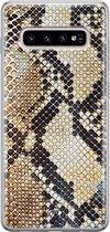 Samsung S10 Plus hoesje siliconen - Snake / Slangenprint bruin | Samsung Galaxy S10 Plus case | goudkleurig | TPU backcover transparant