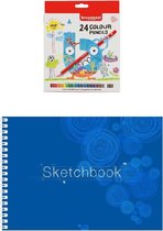 Tekenboek/schetsboek A4 van 20 witte bladzijden met 24x Bruynzeel kleurpotloden