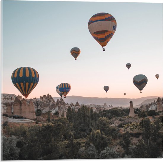 Acrylglas - Luchtballonnen boven Tempels - 50x50cm Foto op Acrylglas (Met Ophangsysteem)