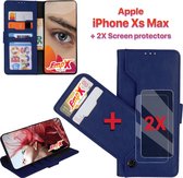 EmpX.nl Apple iPhone XS Max Donker Blauw Boekhoesje en 2x Screen Protector | Portemonnee Book Case | Met Multi Stand Functie | Kaarthouder Card Case | Beschermhoes Sleeve | Met Pas