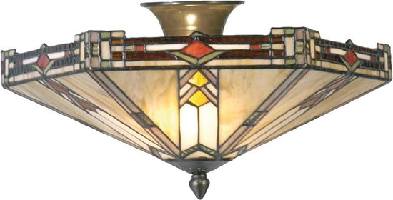 LumiLamp Plafondlamp Tiffany Ø 40x23 cm Beige Bruin Metaal Glas Plafonniere