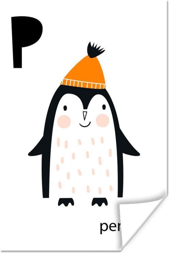 Poster Kinderillustratie van de letters van het alfabet ‘Penguin’ met een oranje muts op – 120×180 cm XXL