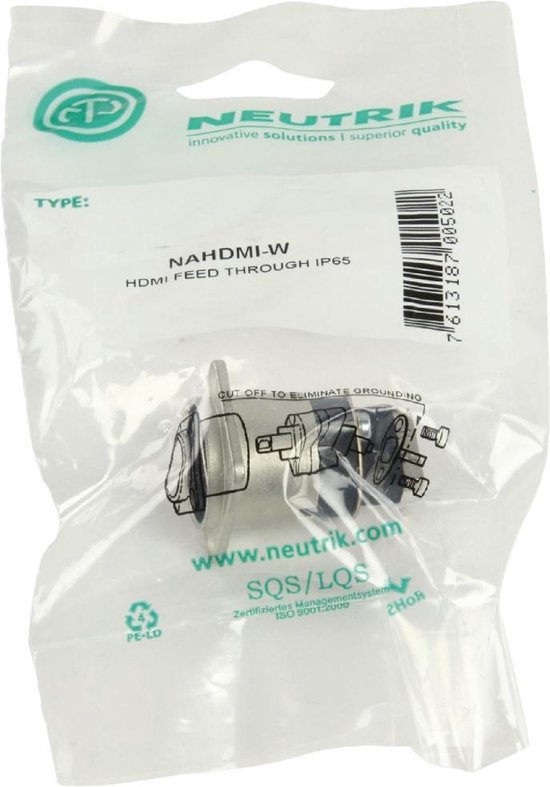 Verpakking van Neutrik HDMI feed through IP65 adapter.