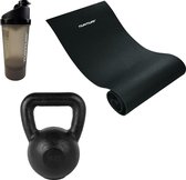 Tunturi - Fitness Set - Kettlebell 16 kg - Fitnessmat 160 x 60 x 0,7 cm - Shakebeker