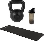 Tunturi - Fitness Set - Kettlebell 16 kg - Fitnessmat 180 x 60 x 1,5 cm - Shakebeker