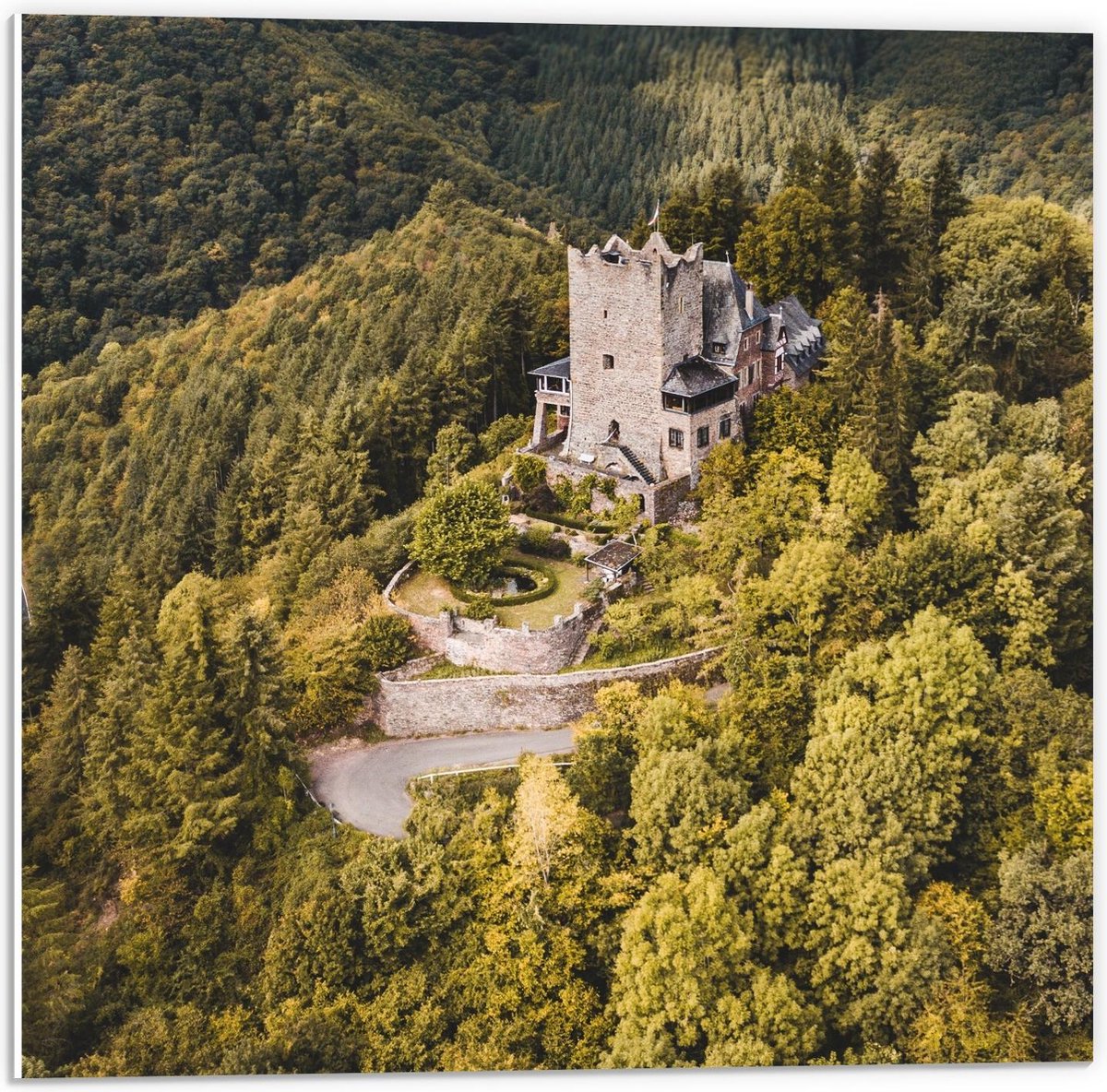 Forex - Kasteel in Bergen tussen Bomen - 50x50cm Foto op Forex
