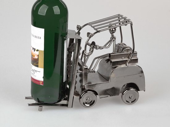 Moderne wijnfleshouder flessenstandaard heftruck van metaal in zilver hoogte 17 cm breedte 25 cm