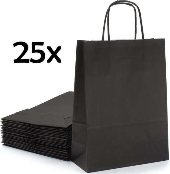 PrimeAmbition Kraft Papieren Tasjes Met Handvat – Zakjes – 25 Stuks – Zwart – 18x8x24 cm – Cadeautasjes