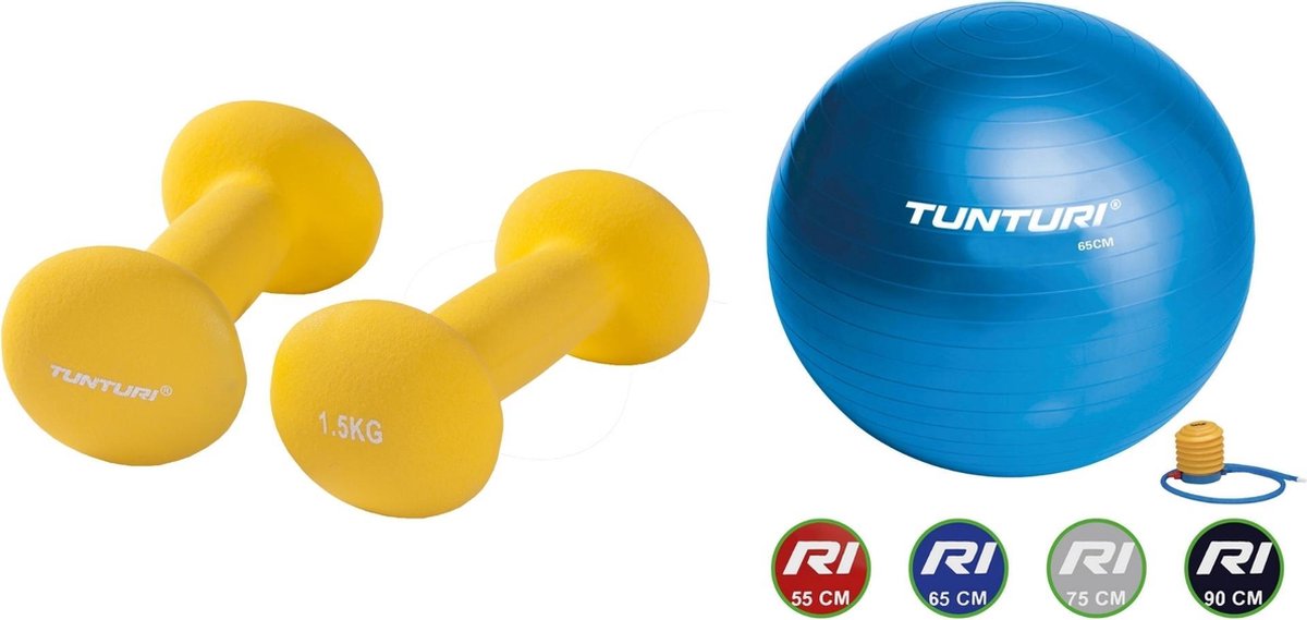 Tunturi - Fitness Set - Neopreen Dumbbellset 2 x 1,5 kg - Gymball Blauw 65 cm