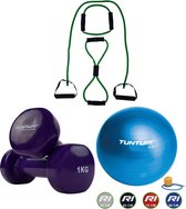 Tunturi - Fitness Set - Vinyl Dumbbell 2 x 1 kg - Gymball Blauw 90 cm - Tubing Set Groen