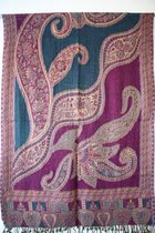 Wollen dames sjaal in petrol met fuchsia 70 x 200 cm