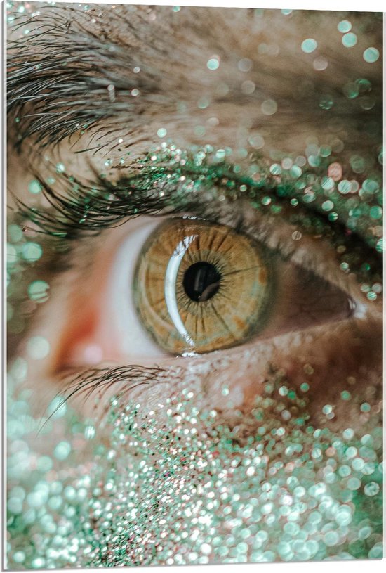 Acrylglas - Groen oog met Groene Make-Up Glitters - 60x90cm Foto op Acrylglas (Met Ophangsysteem)