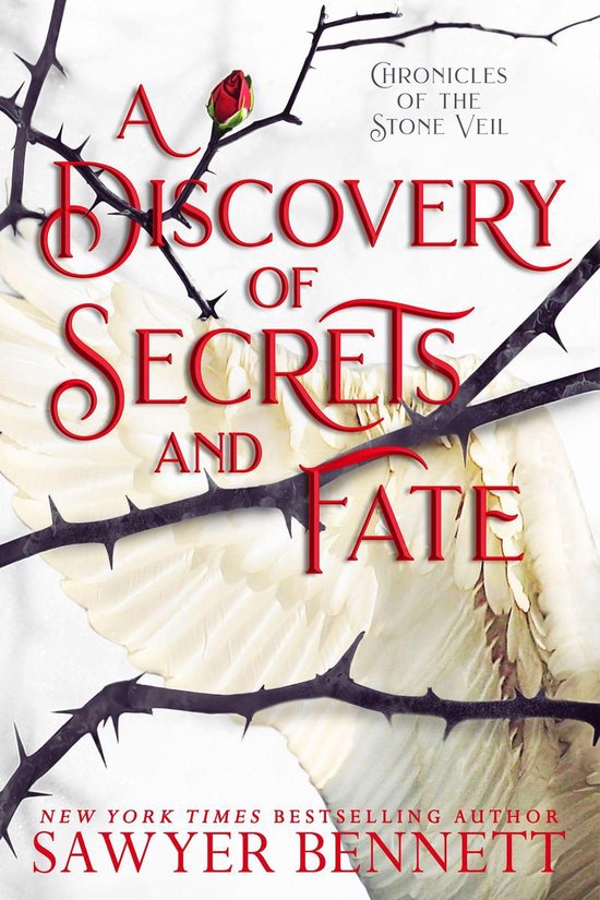 Boekomslag met doornige takken en een rode roos tegen witte vleugels. Titel: A Discovery of Secrets and Fate.