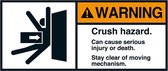 Warning Crush hazard serious injuries sticker, ANSI, 2 per vel 45 x 100 mm
