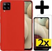 Samsung A12 Hoesje Siliconen Case Hoes Met 2x Screenprotector - Rood
