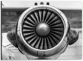 Dibond - Motor van Vliegtuig met Vleugel Zwart - Wit - 40x30cm Foto op Aluminium (Wanddecoratie van metaal)