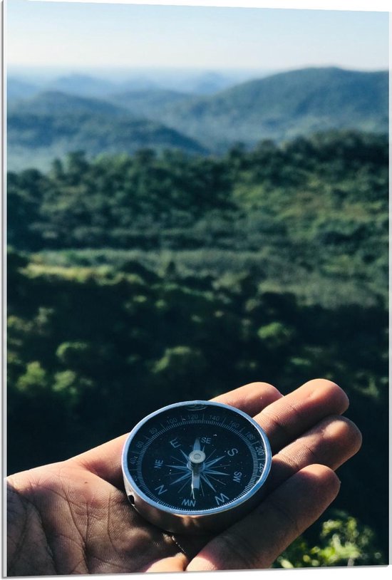 Acrylglas - Kompas in Hand voor Berggebied - 60x90cm Foto op Acrylglas (Wanddecoratie op Acrylglas)