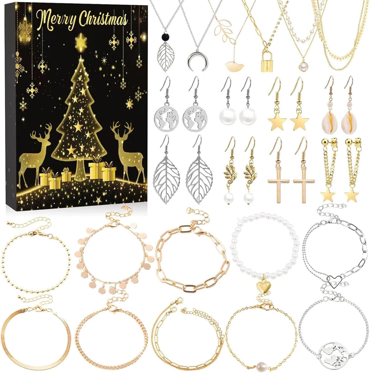 Adventskalender 2025-Deze sieradengeschenkset in de vorm van een kerstadventskalender 2025 bevat een armband- ketting en oorbellen met 24 verrassingen. Het is het perfecte kerstcadeau voor uw vrouw- moeder- vriendin of dochter.