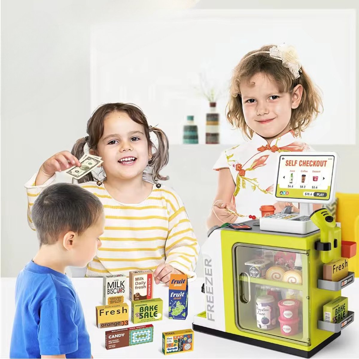 OODBLUE Supermarkt Speelgoed Kassa – Interactieve Speelset met Scanner, Licht & Geluid – Inclusief Speelgeld & 46 Accessoires — afbeelding 2