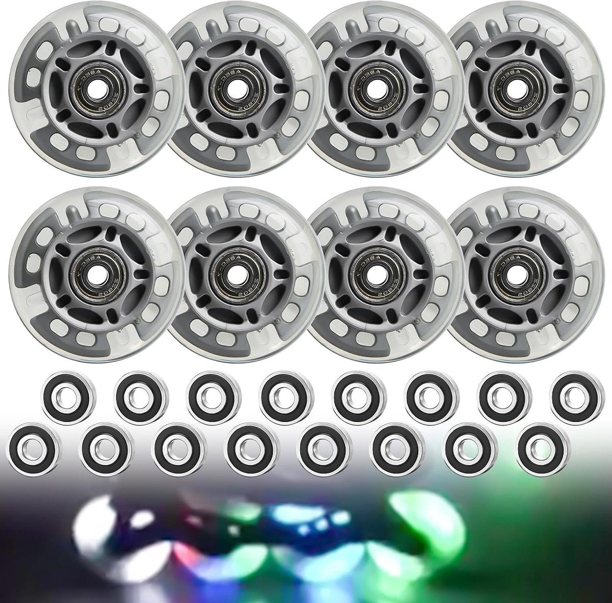 E-Ambar – Inline skate wielen voor volwassenen en kinderen, 8 stuks 72 mm LED rolschaatsen met kogellagers, slijtvast en geruisloos – Zilver transparant