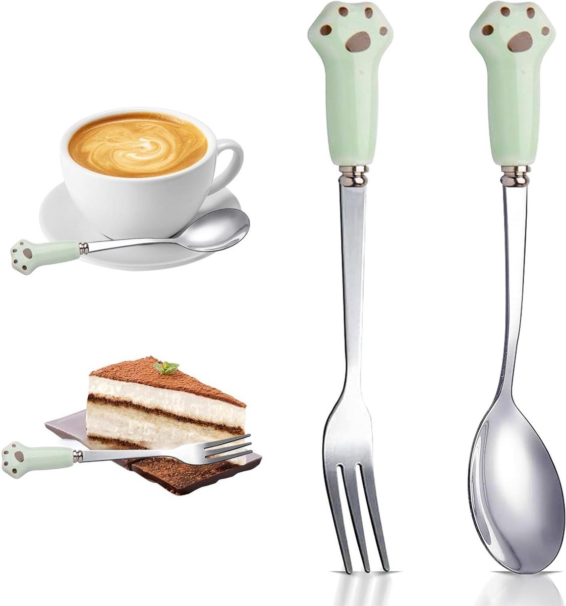 E-Ambar - RVS Lepels en Taartvorkjes Set, 13 cm, Koffielepel, Espressolepel, Theelepel, Dessertlepel, Restaurant, Hotel, Cafés, Vaatwasmachinebestendig