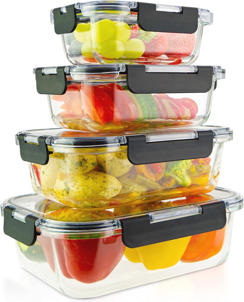Set van 4 glazen vershouddozen met Tritan deksel - lekvrij, stapelbaar, geschikt voor oven, magnetron en vriezer