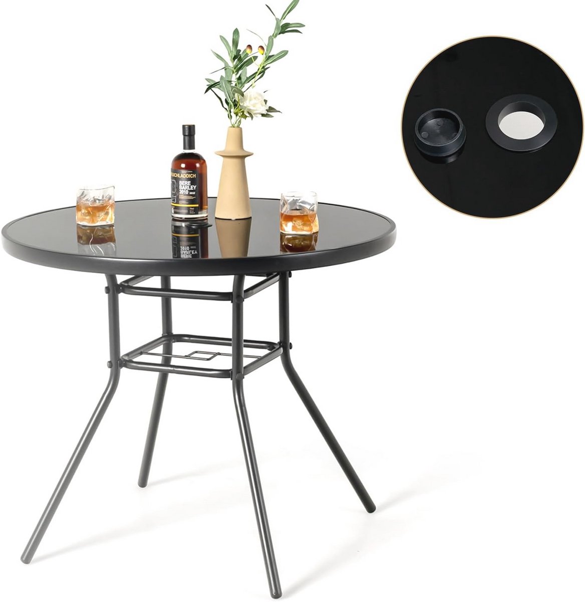 Ronde Tuintafel met Paraplugat - Bistrotafel van Geharde Glas en Metalen Frame - Ideaal voor Tuin of Balkon