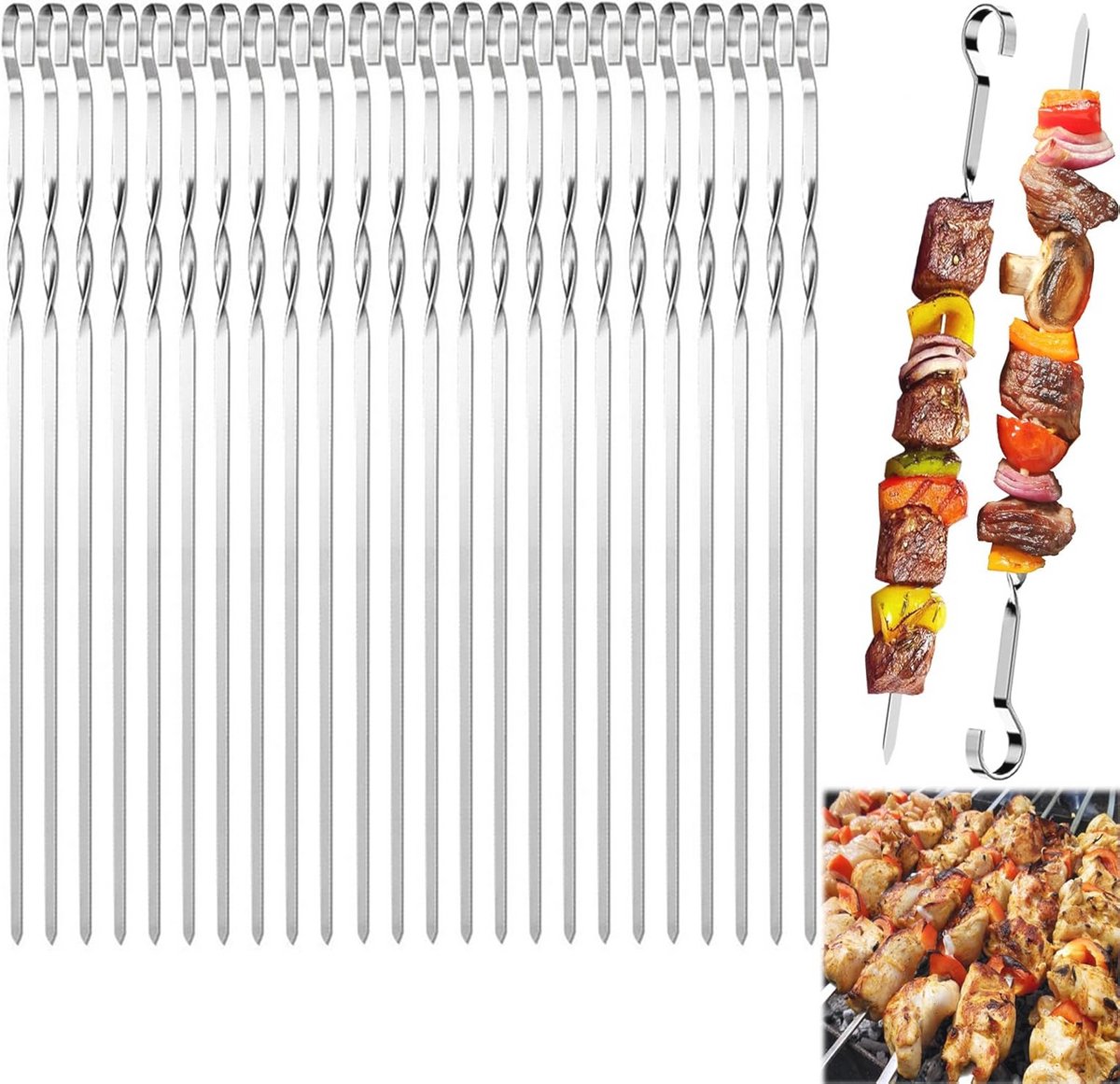 Kebab Grillspiesen Set 24 Stuks - Roestvrij Staal 30 cm - Herbruikbaar en Veilig