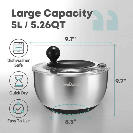 Premium 5,3-Qt Roestvrij Stalen Slacentrifuge met Stopknop - Vaatwasmachinebestendig en BPA-vrij van premium — afbeelding 5