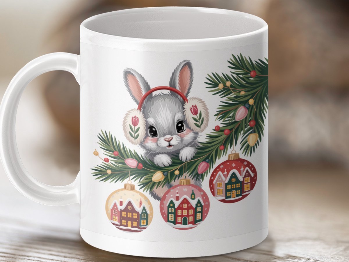 Mok Merry Christmas Konijn met Kerstversiering, Kerst Mug, Feestelijke Mok, Cadeau Idee, Konijn Mok, Nieuwjaar Mok, Kerst Konijn