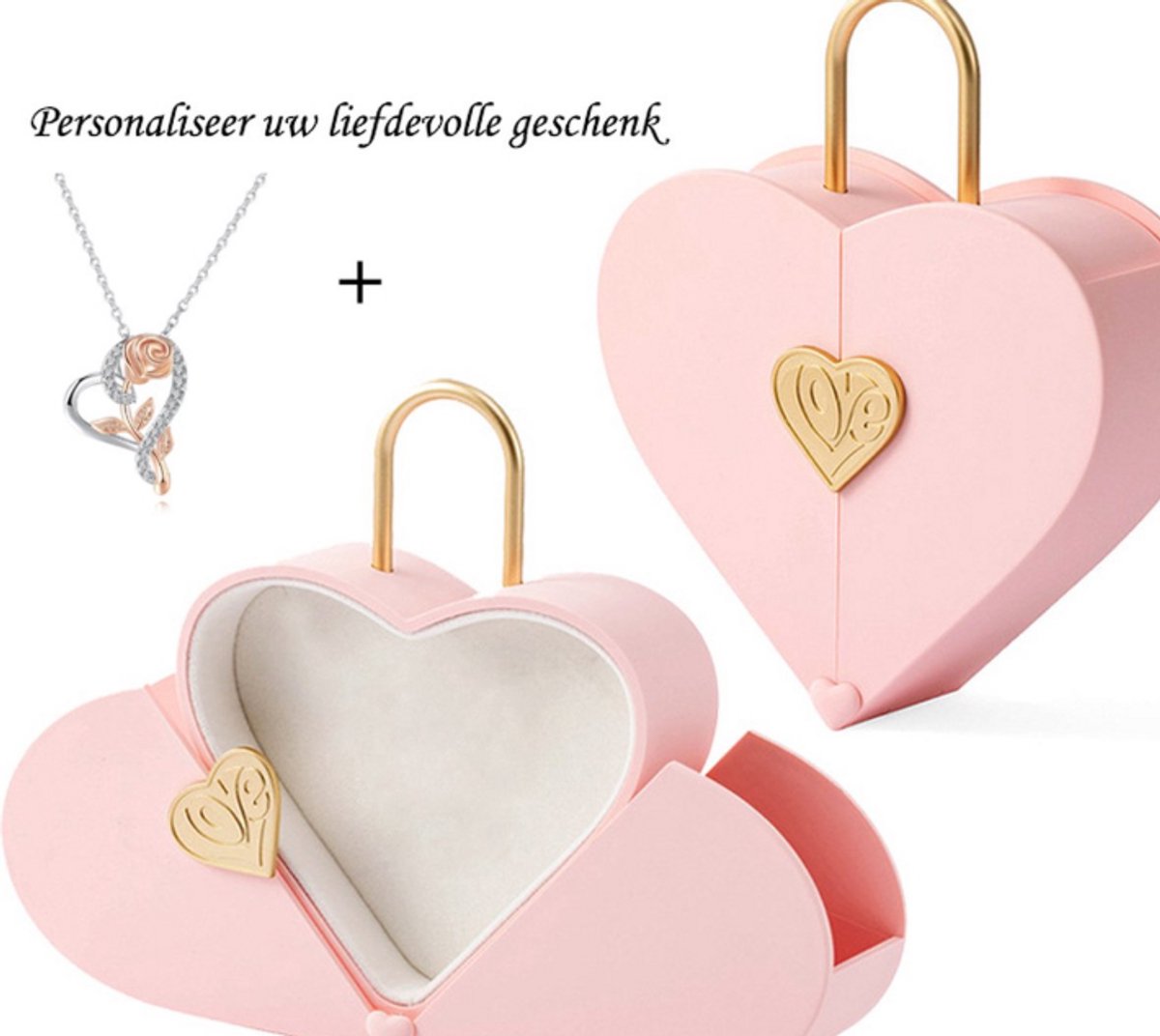 Elegante Hartvormige Geschenkdoos Roze + Luxe Rose Bloem Ketting - Harten Doos + Sieraad - Valentijn Cadeau - Huwelijks Geschenken - Trendy Kerstcadeau In Luxe Harten Box - Liefdesdoos Verjaardag Geschenk - Romantisch Cadeau - Eeuwige Liefde Slot