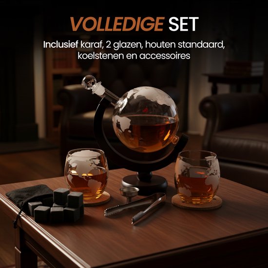 Coffret cadeau Golermo Globe à whisky de Luxe – Carafe + 2 Verres à whisky + 9 pierres rafraîchissantes + support en bois – Coffret cadeau