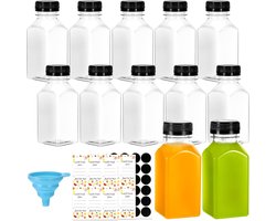 12pcs Juice Bottles met Lids - 250ml Herbruikbare Plastic Juice Bottels - Lege Ginger Shot Flessen - Herbruikbare Plastic Containers met Labels voor Sap, Saus, Melk (Zwarte Deksel)