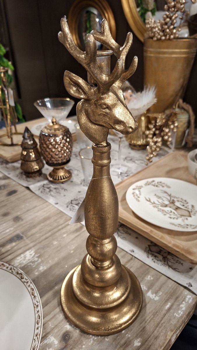 Mix en Match - Kandelaar - Hertenhoofd - Kerst - Metaal - Goudkleurig - Ø 14x40 cm