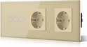 Gouden wandcontactdoos met drie blauwe cirkels voor aanraakbediening en twee stopcontacten.