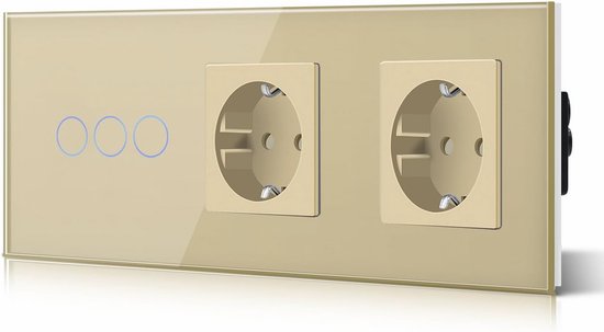 Gouden wandcontactdoos met drie blauwe cirkels voor aanraakbediening en twee stopcontacten.