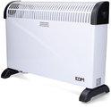 Witte convector met zwarte accenten en pootjes. Tekst 'ATENCION NO CUBRIR' op de voorkant. EDM logo.
