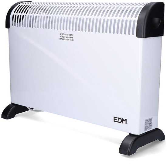 Witte convector met zwarte accenten en pootjes. Tekst 'ATENCION NO CUBRIR' op de voorkant. EDM logo.