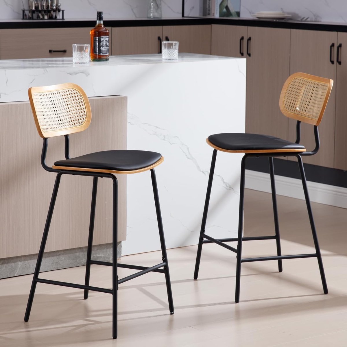Set van 2 Design Barkrukken met Rugleuning - Barkrukken Metalen Onderstel – Kunstleren - Medahomestore